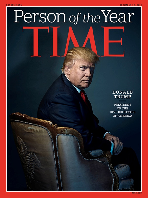 U.S. President-elect Donald Trump poses on the cover of Time Magazine after being named its person of the year